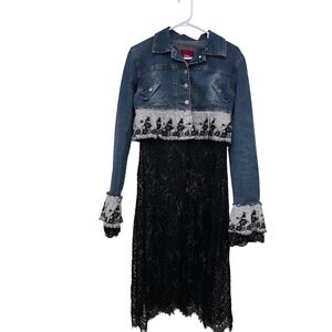 MISS Lili and Black Lace Mixed Media Button Front Mini Dress with Ruffle Trim
